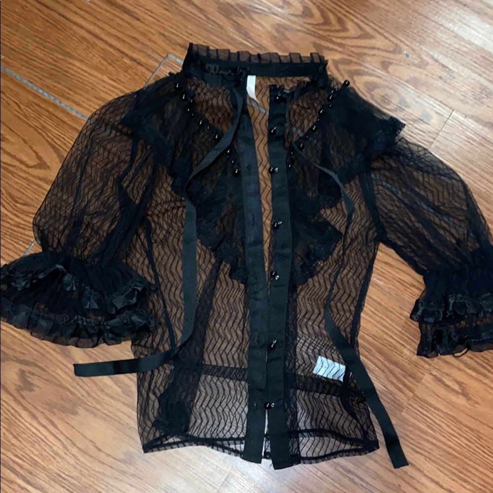 Sheer Black Ruffled Lace Blouse - Women's Top